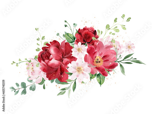 Burgundy bouquet. Flowers arrangement: burgundy peonies and daisies, Wedding invitation template, postcard or print.