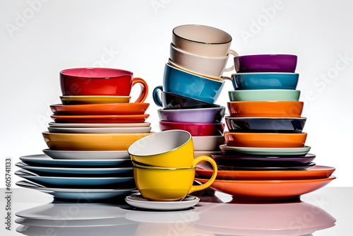 Multicolored household ceramic items. Colorful crockery: stacks of bowls and mugs. AI generated