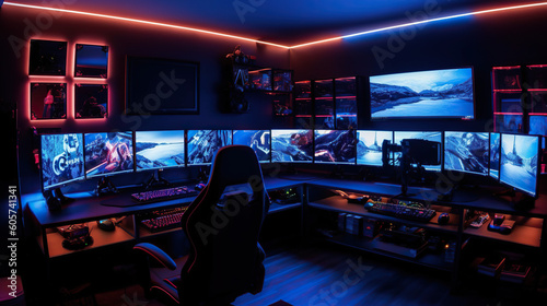 Huge gamer setup with chair, computers and neon lights.