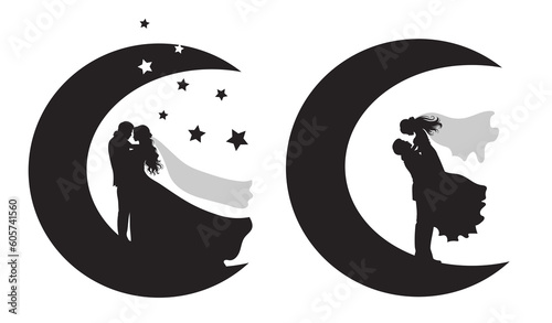 Set of vector silhouettes of a groom and a bride. 