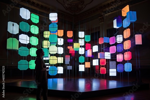 kinetic and interactive art installation made of colorful geometric shapes, lights, and sounds, created with generative ai photo