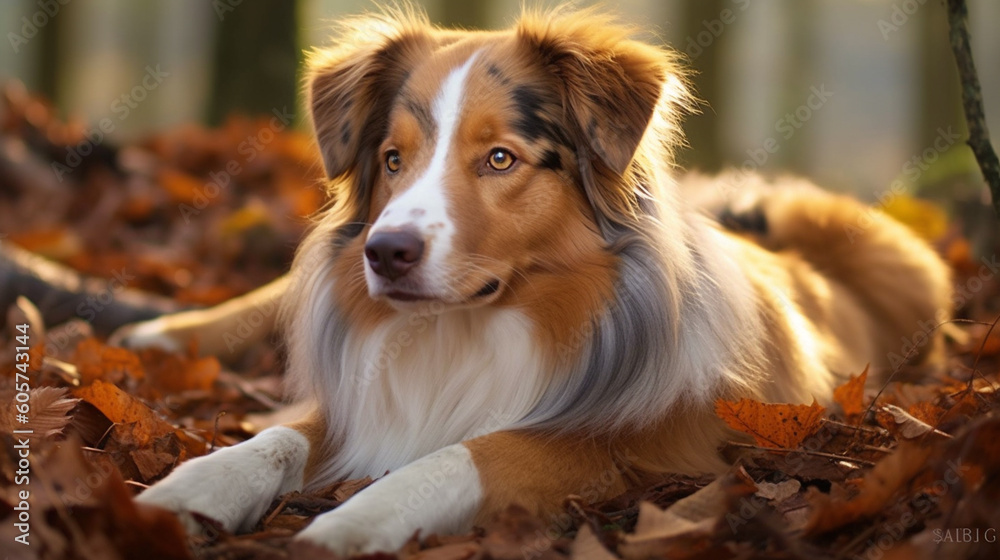 portrait of a beautiful brown and white domestic Australian shepherd dog