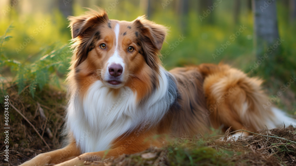 portrait of a beautiful brown and white domestic Australian shepherd dog