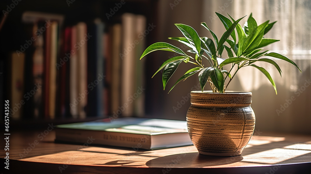 Elegant minimalist plant on table with books in the background.