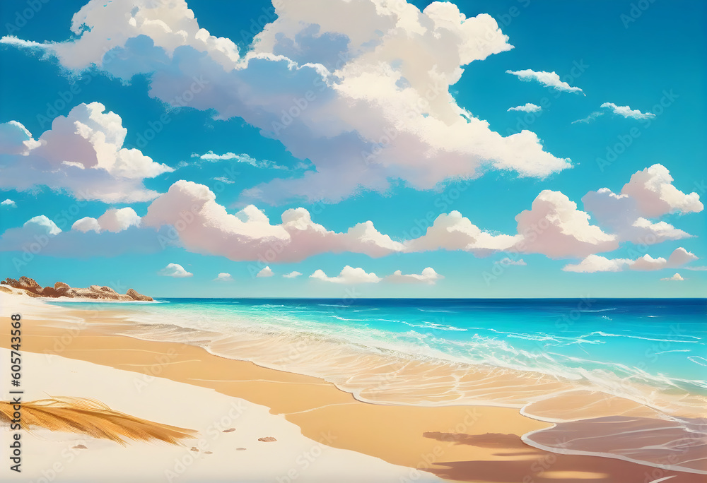 Cartoon beach landscape. Summer ocean sandy seashore, vacation tropical view, sea nature paradise landscape background illustration. Coast and seaside, shore outdoor, season summer
