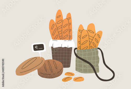 Bakery set. Baguettes in a basket, round rye bread, rolls and a price tag. Vector flat trend illustration with textures.