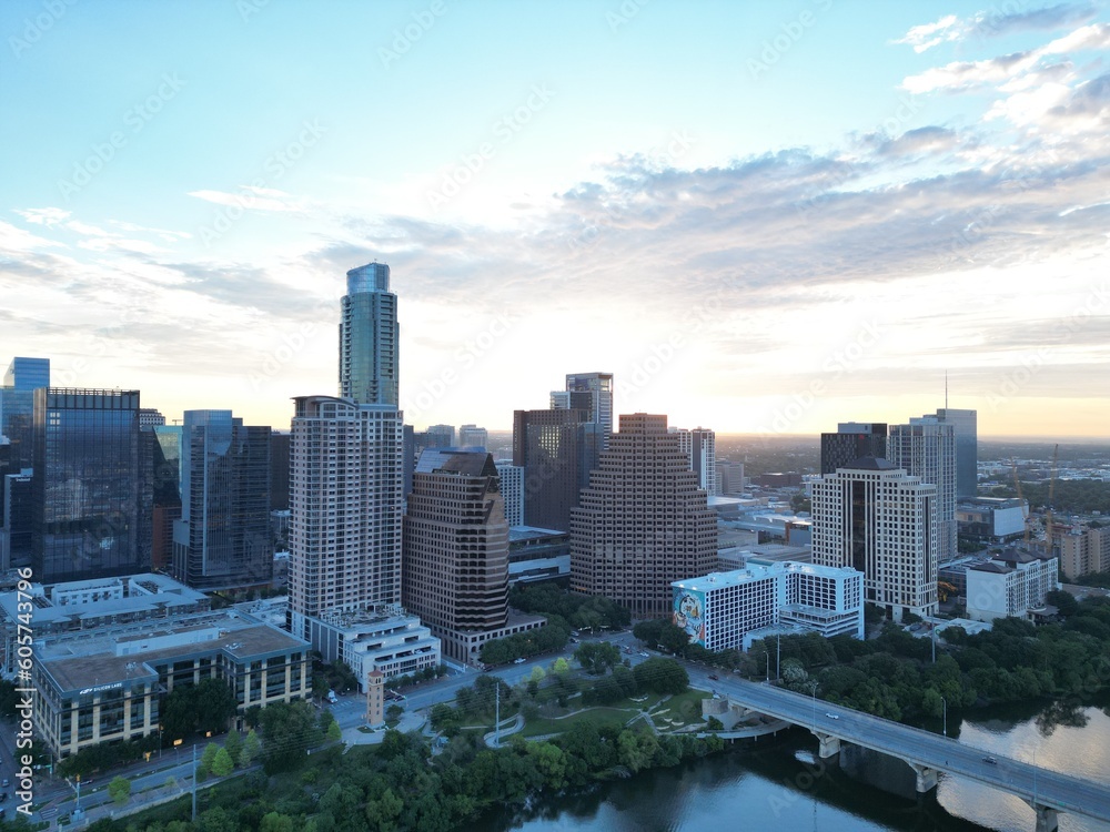 Fototapeta premium Town Lake, aka Ladybird Lake overlooking three bridges: Mopac Union Pacific Rail Road Bridge, Pfluger pedestrian Bridge, Lamar Boulevard Bridge. Plus the west Austin hills inthe background.