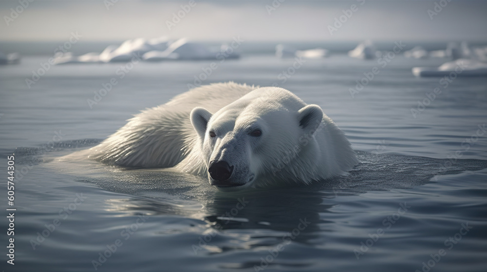 Polar bear swimming in the ocean. Background glacier ice.