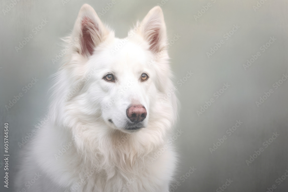 Portrait of a beautiful white Swiss shepherd dog created with Generative AI technology