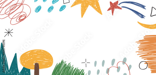 Abstract vector colorful background pencil drawing with star and abstract forms and lines frame