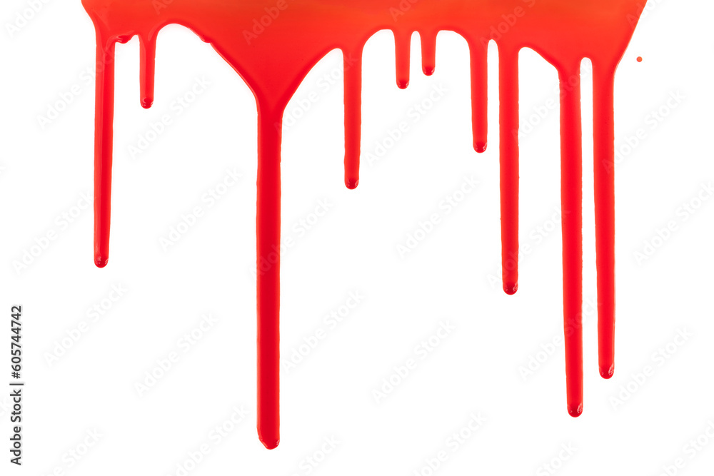 Obraz na płótnie Dripping blood isolated on white background. Flowing bloody stains, splashes and drops. Trail and drips red blood close up. w salonie