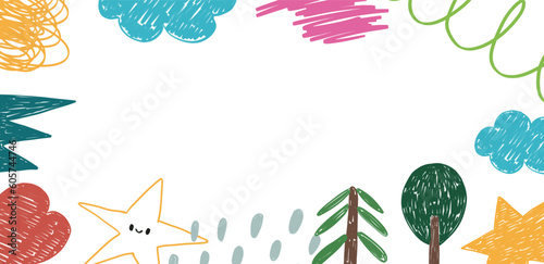 Abstract vector colorful background pencil drawing with star tree and abstract forms colorful frame