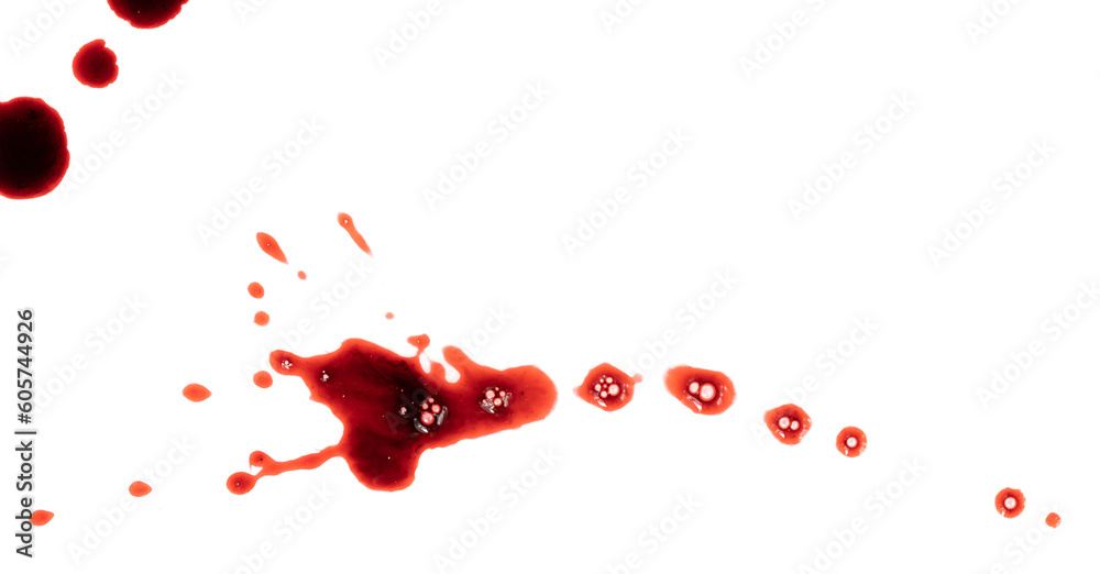 Obraz na płótnie Dripping blood isolated on white background. Flowing bloody stains, splashes and drops. Trail and drips red blood close up. w salonie