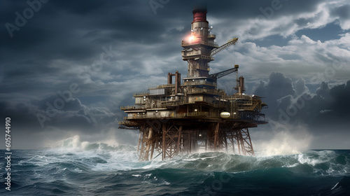 Illustration of oil extraction factory in the ocean.