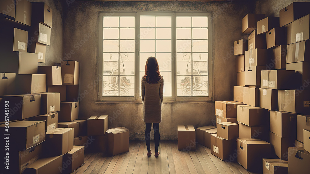 Illustration of a woman surrounded by moving boxes. Illustration of a woman surrounded by moving boxes.