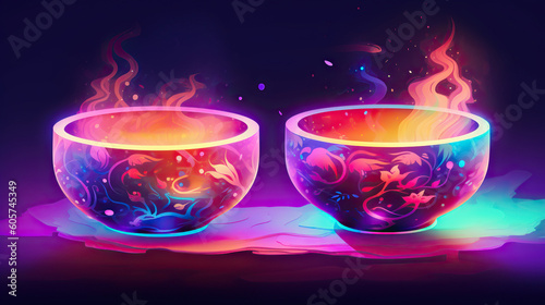Illustration of bowls containing ayahuasca. Radiant colors. Alternative medicine concept.