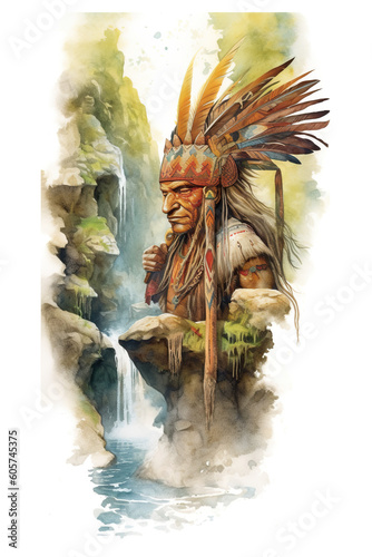 A painting of an indian man with a waterfall in the background. Generative AI. Mystical yacuruna, the river guardian. photo