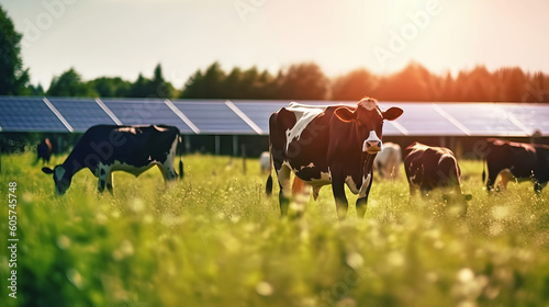 Obraz na plátně Cows grazing in the evening sun in front of solar panels, generative ai