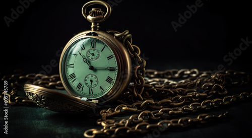 Wintage pocket watch with chain on black background, generative AI time illustration