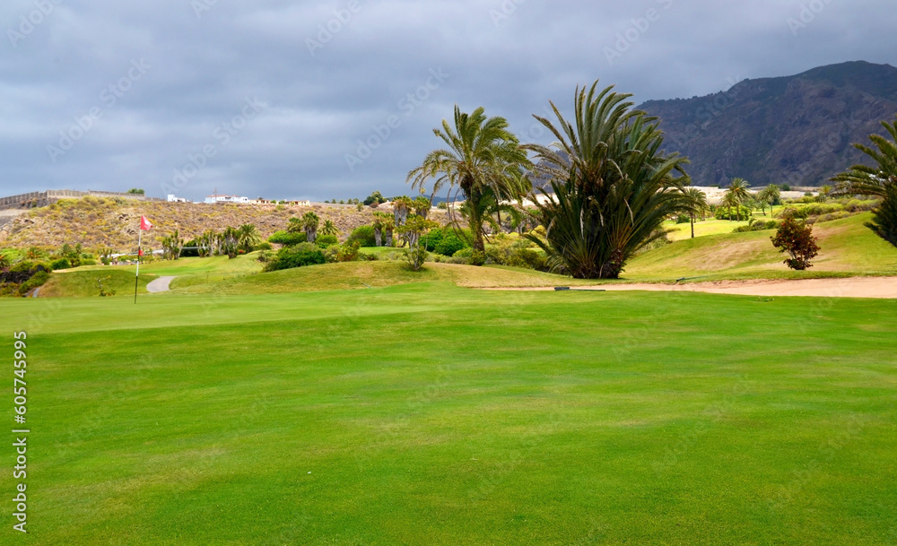 Golf course in Buenavista del Norte,Tenerife,Canary Islands,Spain.Summer vacation or travel concept.Selective focus.