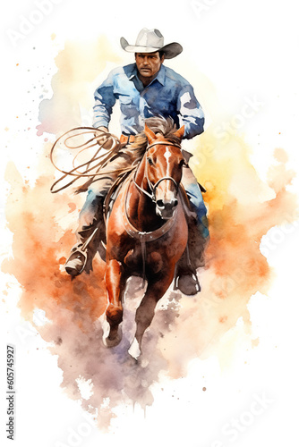 A watercolor painting of a cowboy on a horse. Generative AI. © tilialucida