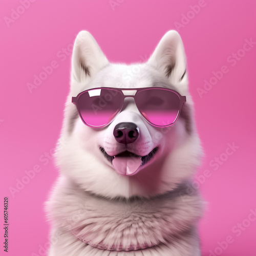 the charming smile of a Husky dog in this delightful portrait. Wearing stylish fashion sunglasses, Set against a vibrant pink background generative AI.
