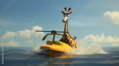 Cartoon Giraffe on a jetski on background sea. Generative Ai.