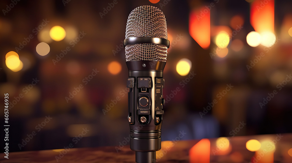 Close-up podcast microphone with on/off button.