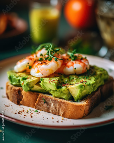 toast with guacamole and shrimps