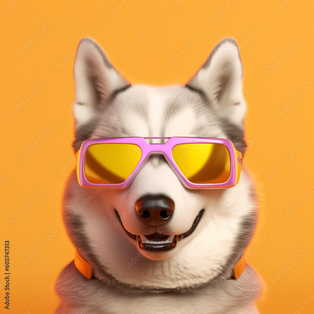 a Husky dog rocking a pair of sunglasses and flashing an infectious smile. With a vibrant yellow orange red backdrop adding a touch of whimsy. generative AI.