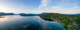 Aerial Panoramic View of Islands on the West Coast of Pacific Ocean. Sunny Sunrise Sky. Maple Bay, Vancouver Island, British Columbia, Canada.