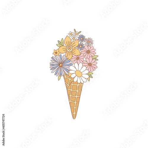 Ice cream cone with floral bouquet vector illustration. Flower Power aesthetic design element for planner, sticker, scrapbook, poster, card , pattern, tee shirt
