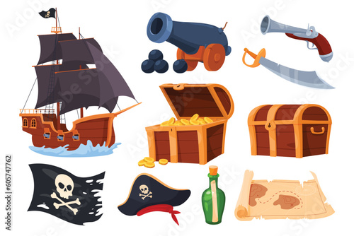 Pirates set of objects related to their lives in a cartoon style. Sea robbers from books and films. Vector illustration