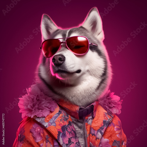 Stylish and happy Husky dog wearing a flower shirt and dress, and fashionable sunglasses, posing against a vivid, saturated background. generative AI. © Surachetsh