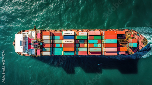 huge ship carrying thousands of containers. overhead view.