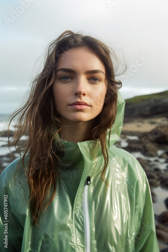 A woman in a green raincoat standing on a rocky beach. Generative AI. © tilialucida