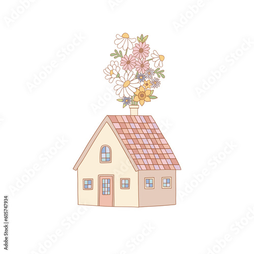 Cute tiny house with floral bouquet in chimney vector illustration. Flower Power aesthetic design element for planner, sticker, scrapbook, poster, card , pattern, tee shirt
