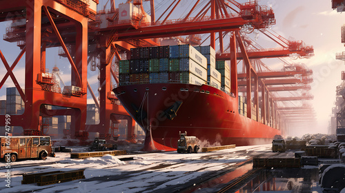Containers being loaded onto giant ships. ship in cargo port.