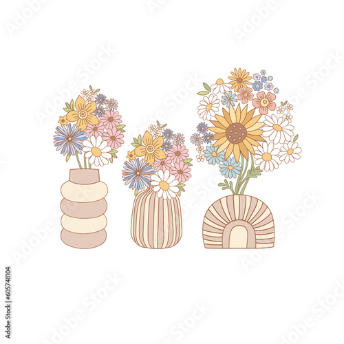 Modern vase with floral bouquet vector illustration. Flower Power aesthetic design element for planner, sticker, scrapbook, poster, card , pattern, tee shirt