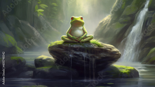 Beautiful frog in lotus position meditating.