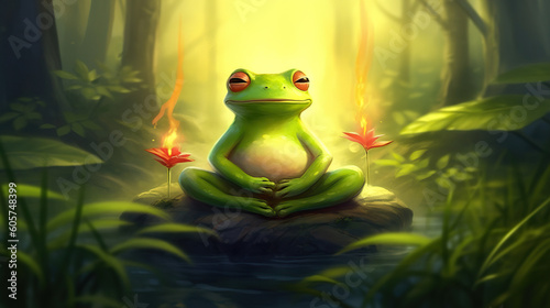 Beautiful frog in lotus position meditating. © Gabi