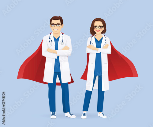Male and female super doctors or nurses standing wearing red capes. Man and woman profession characters vector illustration