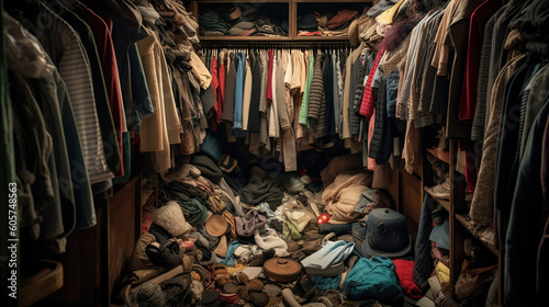 Incredible closet full of messy clothes.