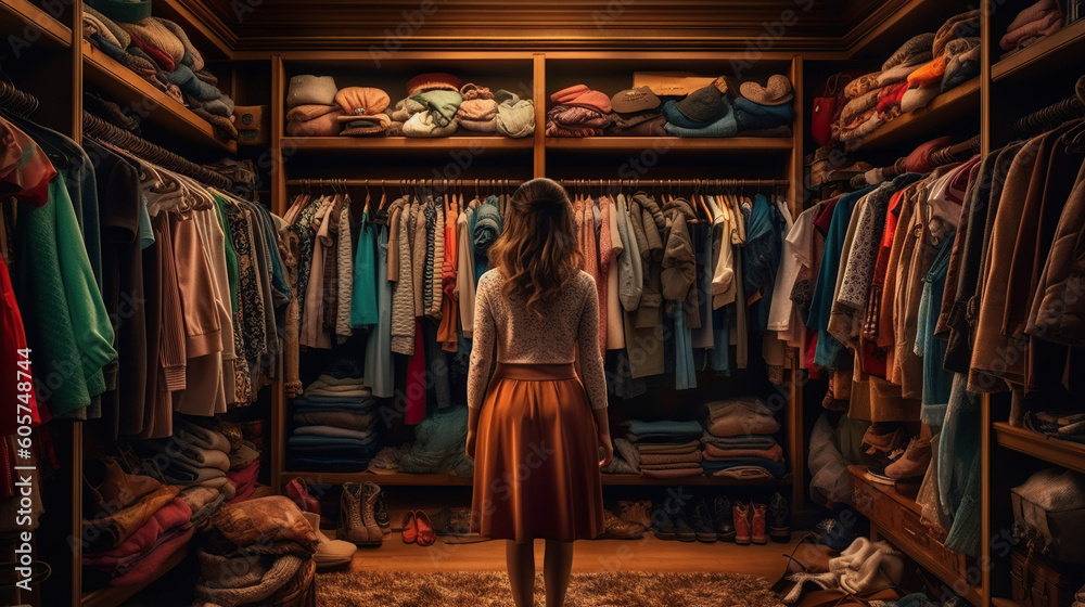 Woman from behind looking at her closet full of clothes.