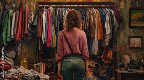 Woman from behind looking at her closet full of clothes. © Gabi