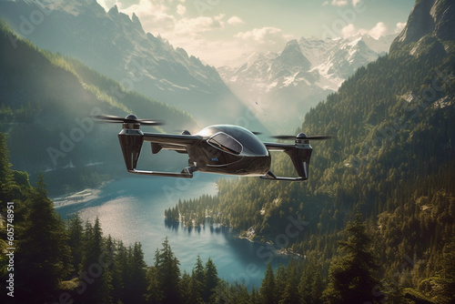 eVTOL, electric aircraft flying between the mountains photo