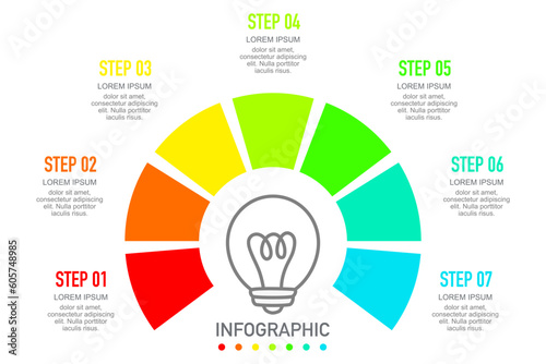 Infographic design template. Creative concept speedometer and light bulb with 7 steps. Can be used for workflow layout, diagram, banner, webdesign. Vector illustration