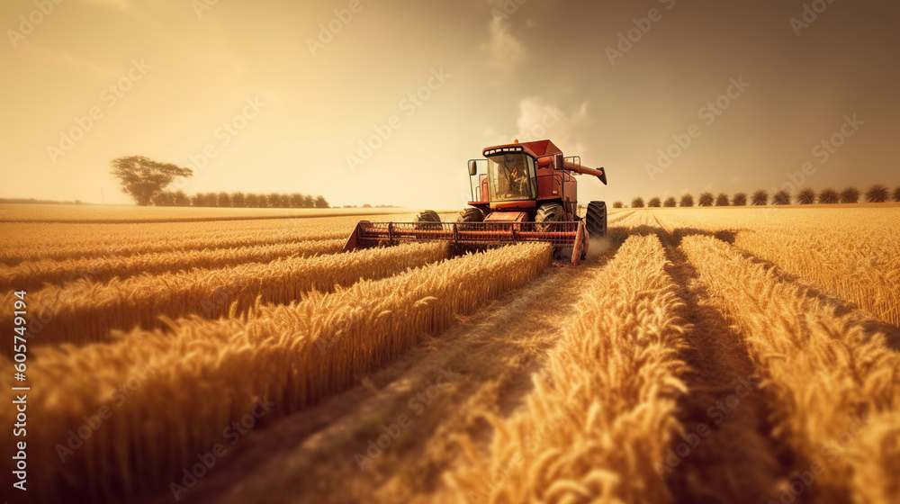 tractor harvesting wheat with sunset in the background. tractor harvesting wheat with sunset in the background.