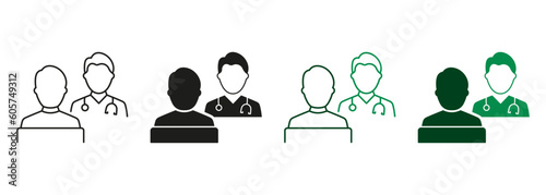 Hospital Physician Counseling Patient Black and Color Pictogram Collection. Patient Consultation with Doctor Line and Silhouette Icon Set. Dialog About Health Care Sign. Isolated Vector Illustration