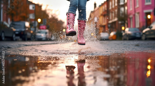 Girl jumping in pink boots in puddle of water after rain.